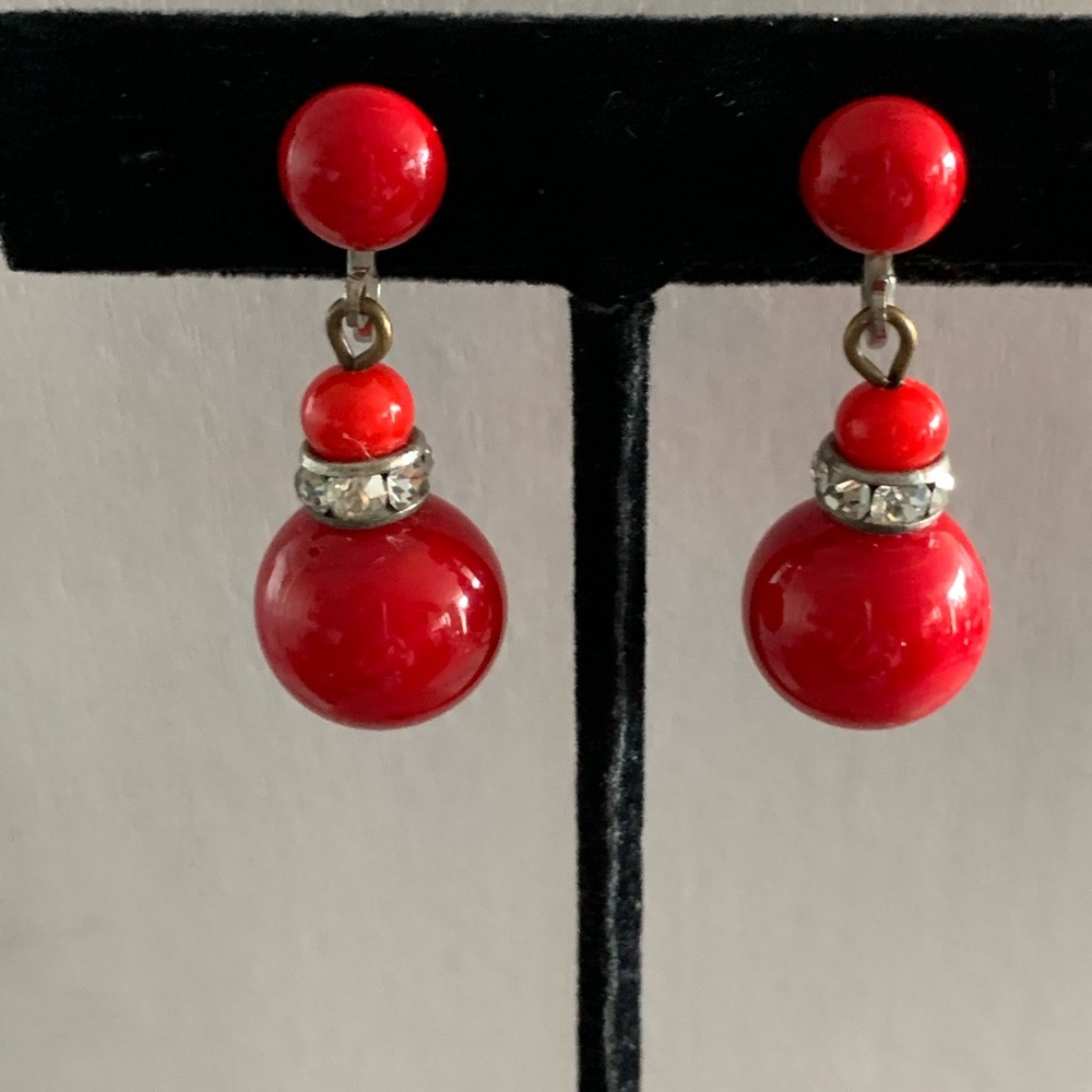 Vintage Dangling Red Beads and Rhinestones Earrings